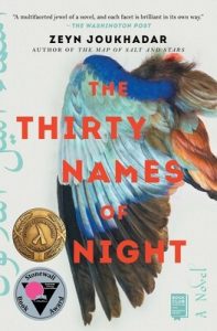 Book cover for The Thirty Names of Night. The background is white with a multi-colored bird's wing and the title over the wing.