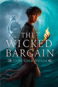 A young person is shown taking up most of the cover facing right with their head turned forward. They're wearing a brown shirt and pants and a necklace. They have one hand up with a flame in it. Behind them is the ocean and a pirate ship. The title and author's name are shown over them. 