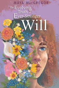 The pink/purple cover has the face of a person half covered with flowers of various types and colors. Their hair and one blue eye is visible along with their lips and cheek. The author's name and book title are written at the top of the cover.
