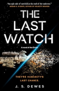 The cover is black with stars and a spaceship near the bottom of the cover. The ship is in the process of being destroyed with a blue light cutting cross the middle of it at an angle. To the right of the light the ship is nothing but a cloud of debris. On the left side is the rest of the ship still whole. The top half of the cover is take up by the title and below the ship it says "They're humanities last chance" and then the author's name below that. At the very top of the cover there is a statement "An epic tale of survival at the end of the universe" by Meghan E. O'Keefe, author of Velocity Weapon. 