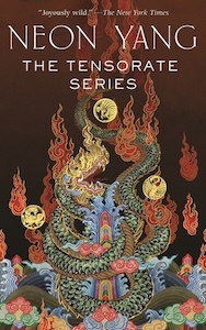 The book cover has many different patterns and designs on the cover set against a black background with red hues at the top right. There plants at the  at the bottom spaced around the curls of a dragons tail and water spouts around the tail and balls of fire. There are yellow symbols that have dragons drawn inside them. The title is written across the top with the authors name above the title. 