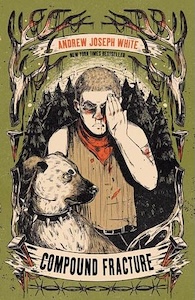 The book cover depicts a young man in the center of the cover with short hair wearing a yellow sleeveless shirt and a rad bandana around their neck. Their eye is bleeding and he has his hand up over it. There is a dog at his side looking like it's frowning at something to the right. Behind the man are trees and the image is framed by antlers around the top and sides. At the bottom is a barbwire fence with a banner held by railroad spikes and the title is on the banner. The authors name is at the top also written on a banner that is held across the top on two of the antlers 