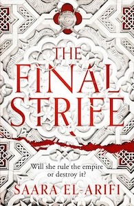The cover is taken up by a white laced pattern that has a red strip through the bottom half and red cen also be seen through the lace. The title is written near the top with the authors name at the bottom