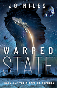 The cover is blue with what looks like an industrial land scape at the bottom of the cover. With a star filled sky above it. In the background there is the black profile of a head over the sky looking towards the right. There is another planet with a moon orbiting it at the top right corner and a space ship flying up and to the left with a trail of yellow, white light coming from the bottom. 