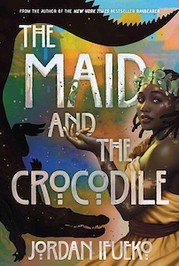 The background of the cover has various colors and depicts a young Black woman on the right side turned to the left with har hand up in the air. She is wearing a head band of green plants and a pale yellow wrapper around her body. On the left side of the cover is a black image of a crocodile. The title of the book is written out in the center of the cover one word on each line with the author's name at the bottom.