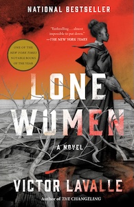 The book cover depicts a red cloudy sky with the rest of the cover in gray, black and white. There is a woman walking towards the right side of the cover. She is wearing a dress with her hair in a bun at the top of her head and carrying a shotgun. The ground she is walking on has branches all over the place and has the appearance f a vast plain. The title is shown at the center of the cover over partially written over the woman and then the author's name is at the bottom. 