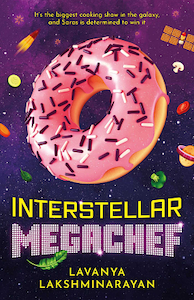 The Cover of the book is a view of space that ranges from light purple at the top to black at the bottom. There is a large donut with pink frosting and sprinkles taking up most of the center of the cover. Also around the over are various pieces of sliced vegetables - mushrooms, carrot, zucchini, and leaves from herbs. The title is near the bottom of the book in yellow and red and below that is the authors name in yellow.