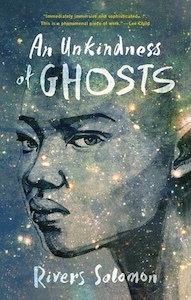 The cover is a pale field of stars with grays and light blues and in the stars is the face of a young person looking towards the left with their head slightly turned forward and eyes looking forwards too. The face takes up most of the book and the title is written over their forehead and the author's name at the bottom. 