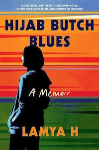 The background of the cover has verious streaks of color - blue, orange red, green and darker green from top to bottom in broad strokes. Over those colors is the profile of a woman in a Hijab turned towards the left with only a small part of her face visible. The title is written near the top with the authors name at the bottom. 