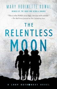 The Relentless Moon book cover. The background of the cover is entirely taken up with an image of the moon with red lines showing the structure of the moonrise.  At the bottom are black images of several people wearing spacesuits walking forwards. The author's name is at the top with the title in the center. 