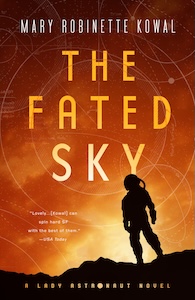 The cover of the fated sky is nearly sold orange with shades of yellow near the bottom, and depicts a black image of person in a spacesuit standing on the surface of a planet. The title is written one word on each line in the center of the cover and the authors name is at the top. 