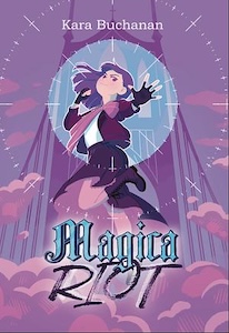 The Magica Riot cover is a purple sky with purple and pink clouds and a bridge in the background. In the center of the cover is a cartoon image of a girl in mid jump to attack. She has purple hair and a dark purple shirt over a white shirt and a dark purple skirt with dark purple boots. 