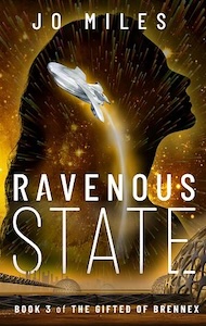 The cover is yellow with what looks like an desert landscape at the bottom of the cover with multiple domed buildings and a transport bridge between them. In the background there is the black profile of a head over the sky looking towards the right. There is a space ship flying up and to the left with a trail of white light coming from the bottom.