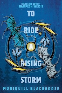 The book cover is blue with a circle in the middle that has leaves and flowers coming off it. On the top left and bottom right of the circle are two flying dragons one pale blue and the other a darker blue than the cover. The title of the book is written one word on each line down the center of the book with the authors name at the bottom.
